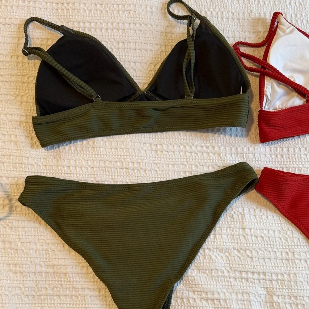 CUPSHE Women’s Two Piece Triangle Top  Set of 2 Green and Orange - Picture 6 of 9